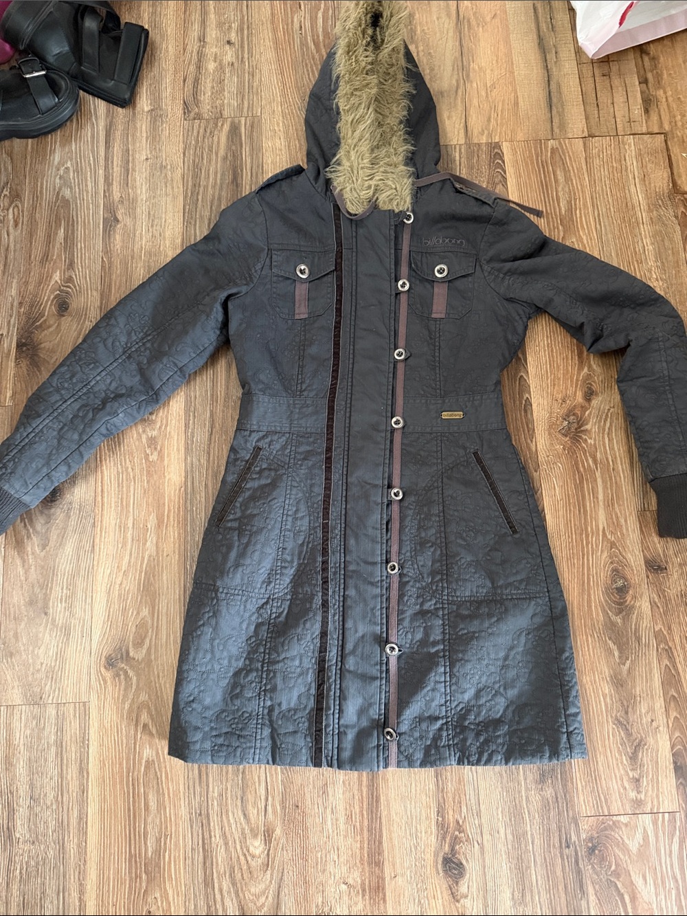 Women’s Long Hooded Trench Coat with Faux Fur Trim - Dark Grey